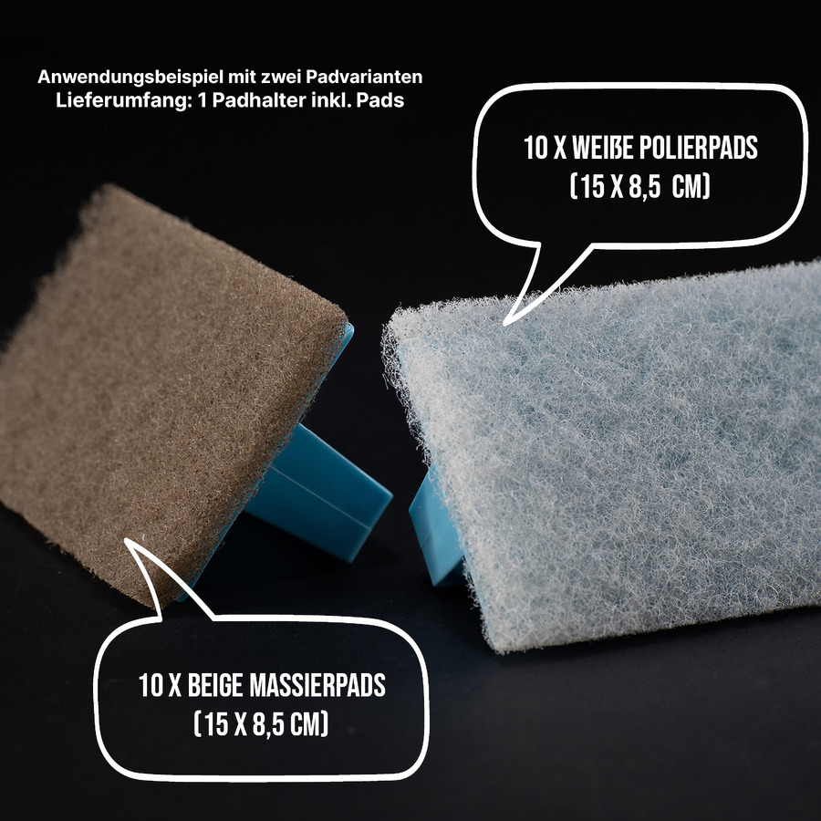oli-natura-pad-set-klein-padtypen Beige Massierpads und weiße Polierpads auf Handpadhalter zur Verarbeitung von Holzöl