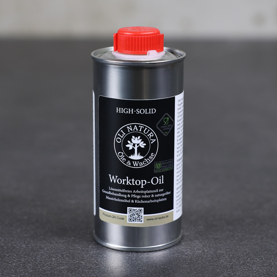 oli-natura-worktop-oil-025l-front OLI-NATURA Worktop-Oil 0,25 L Gebinde – Arbeitsplattenöl für Holzarbeitsplatten Vorderansicht