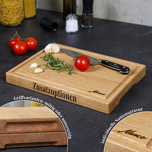 Übersicht der Zusatzoptionen für rustikale Schneidebretter: Griffmulden und Gravur