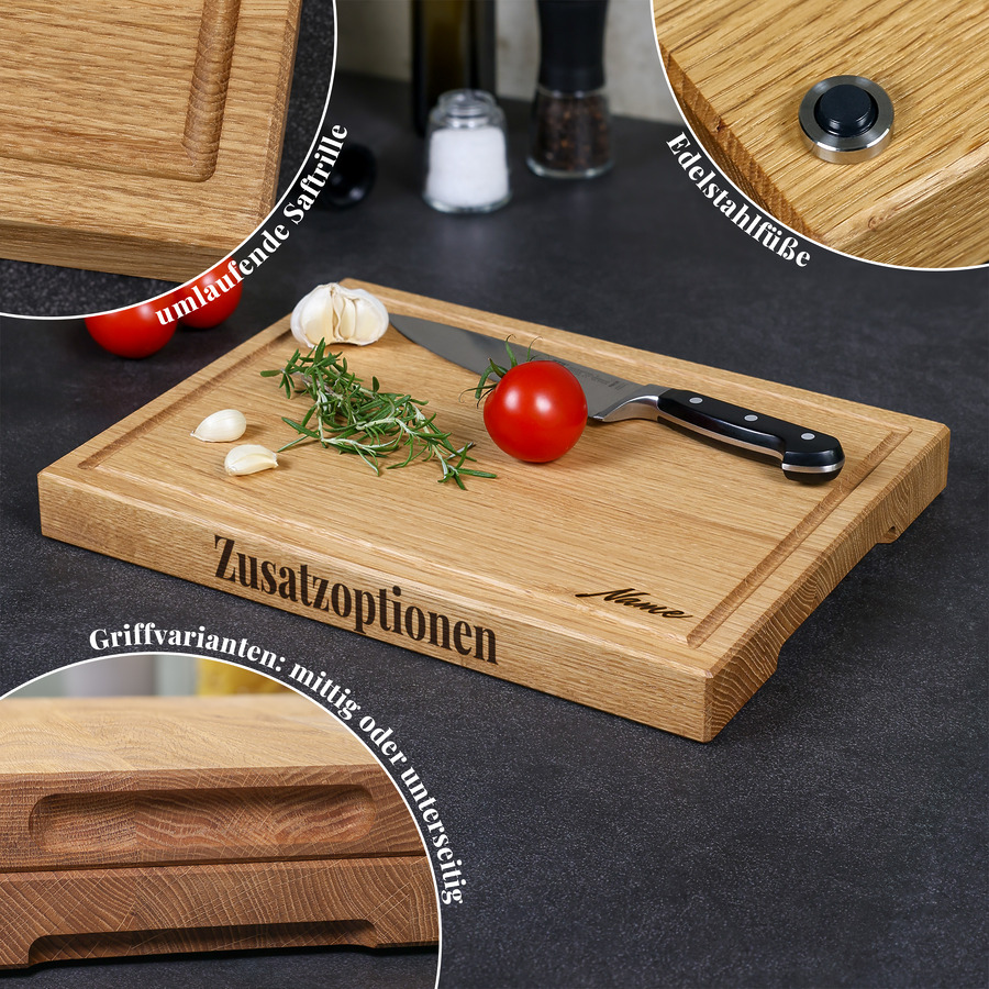 schneidebrett-optionen-saftrille-griffmulden-fuesse Übersicht der Zusatzoptionen für Schneidebretter: Saftrille, Griffmulden und Edelstahlfüße