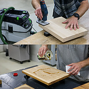 Zweiteiliges Bild mit Einblicken in die handwerkliche Fertigung von Schneidebrettern – Fräsen und Ölen