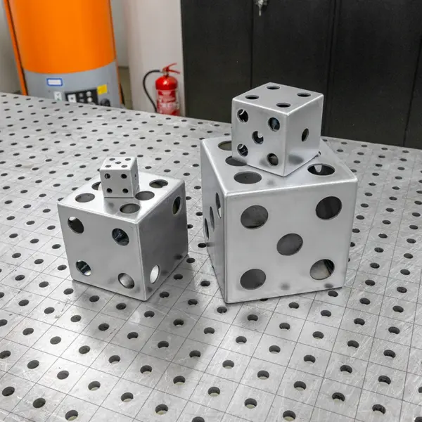 Ein Spielwürfel in unterschiedlichen Größen als Bausatz zum Schweißen. Geeignet für MAG-, WIG- sowie Elektrodenschweißen.